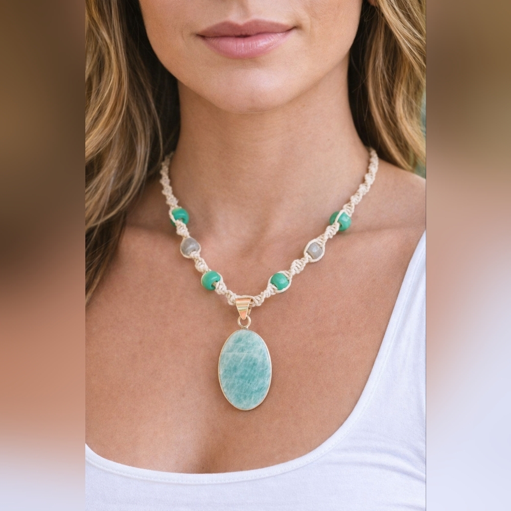 Handmade Amazonite Pendant Necklace | 925 Sterling Silver | Crow Beads & Natural